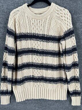 Ll Bean Signature Mens Cotton Cable Knit Fisherman Striped Crewneck Sweater Sz L